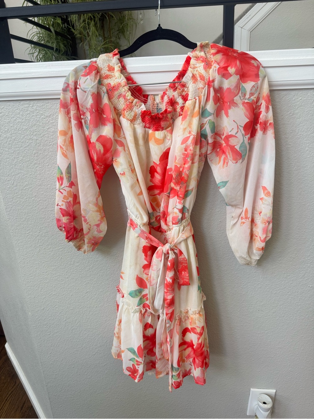Lulu's Coral Floral Off-Shoulder Tie-Waist Mini Dress